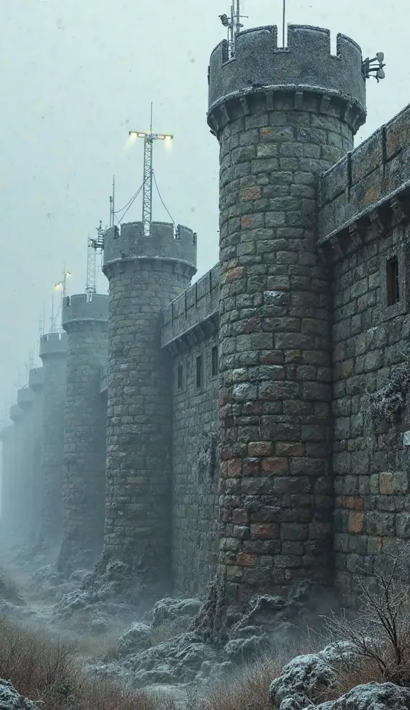 The 15-meter-high stone walls are reinforced with steel plating, featuring watchtowers every 50 meters. Each tower is equipped with searchlights, mounted crossbows, and flamethrowers. The walls have crenellations for cover and arrow slits for ranged attack...