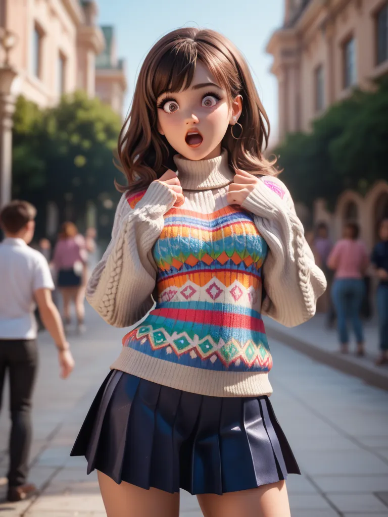  1 girl, visit, Is she in an amusement park,Pointed hairline ,  brown hair,   In an extremely tight-fitting, cuddly metallic sweater,    pleated skirt, surprised 