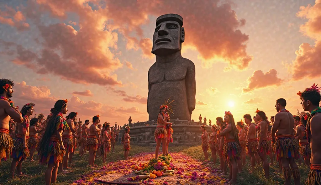 Imagine a vibrant ceremonial scene set at the foot of a majestic moai. Rapa Nui villagers are depicted performing rituals, laying down offerings of flowers, fruits, and crafted items in front of the statue, while a shaman leads the ceremony with prayers an...