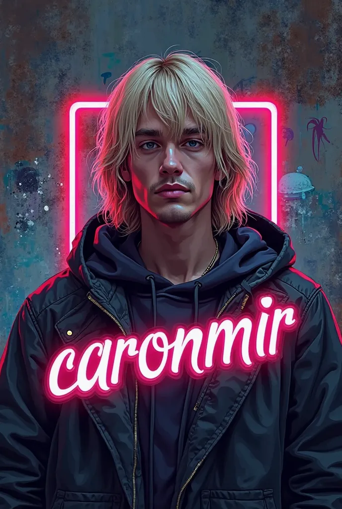 BAck view Modern music artist  logo  a mature man blonde hair  bangs to the side with  hooded jacket and text written modern grotesque bold font "Caronmir" graffiti neon style