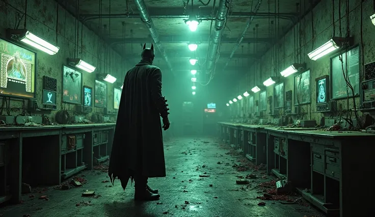 "Deep within the underground labs of Arkham Asylum, Batman steps forward, his boots echoing against the cold, sterile floor. Flickering overhead lights cast long shadows, illuminating the steel tables, broken restraints, and shattered glass that litter the...