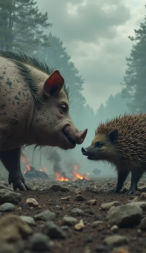 "A massive war-scarred pig with thick, bristly skin and jagged tusks, its hide covered in scratches, dirt, and dried mud, stands face to face with a fierce, oversized hedgehog. The hedgehog's spines are sharpened like deadly spears, some bent and broken fr...