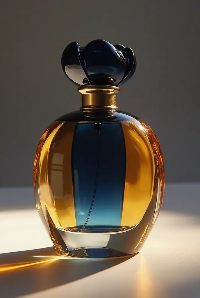 I want to create a perfume called “Céleste” in two editions: a navy blue edition for the night and a golden yellow edition for a day edition.  I want the perfume to be elongated like 25cmx5cm, with the curved edges and the tulip-shaped cap, a slightly open...