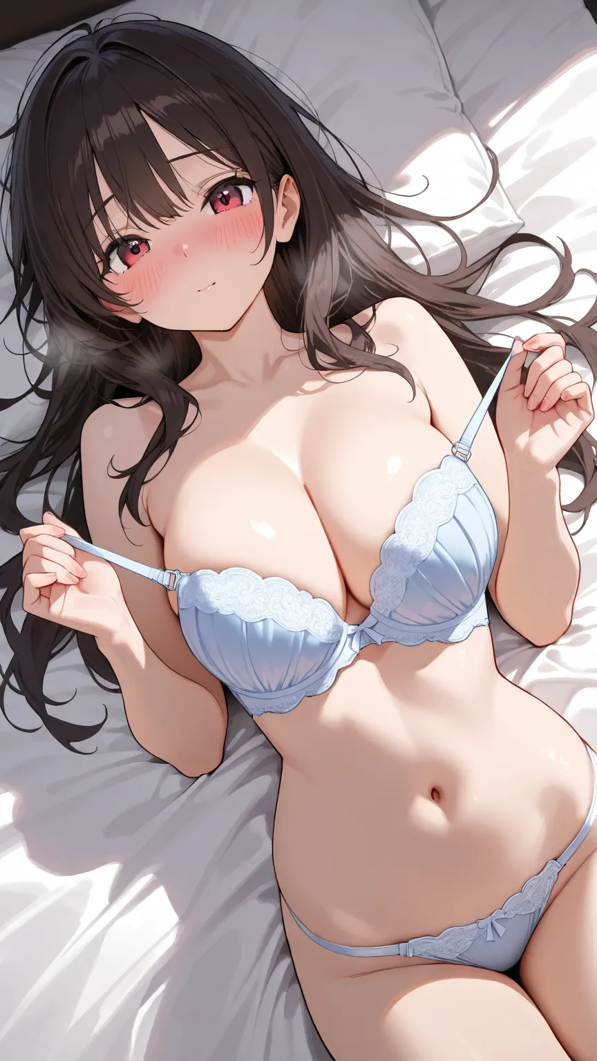 sexy girl, sexy figure, blush face, wearing only a  sexy bra, sexy banding down pose against the viewer, laying down, removing her bra, hands on sensitive parts.