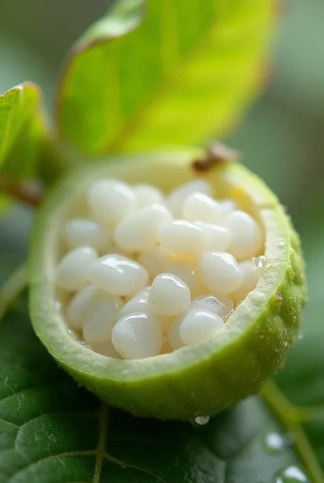 A close-up macro shot of the half-peeled milk fruit reveals a watery white translucent flesh with shiny, semi-translucent seeds on the inside. Small branching fruit, fresh green leaves. Small drops of water adhere to the surface, adding a sense of freshnes...