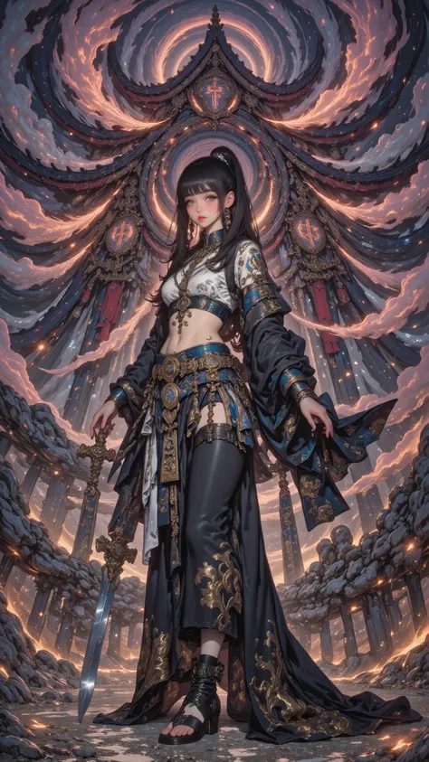 Female Ninja in Bikini,During combat, exposes abdomen,belly button piercing, black hair,ponytail,No trouble with right hand ,Shuriken on left hand,huge Japanese temple, at dusk ,Temple with Red and Gold Accents,dark shadows and shadowy atmosphere,dramatic ...