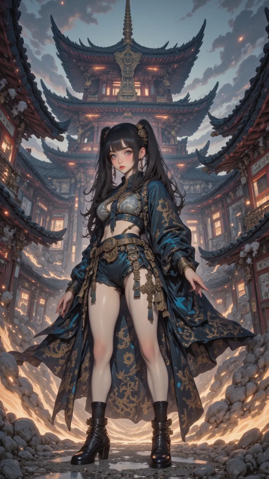 Female Ninja in Bikini,During combat, exposes abdomen,belly button piercing, black hair,ponytail,No trouble with right hand ,Shuriken on left hand,huge Japanese temple, at dusk ,Temple with Red and Gold Accents,dark shadows and shadowy atmosphere,dramatic ...