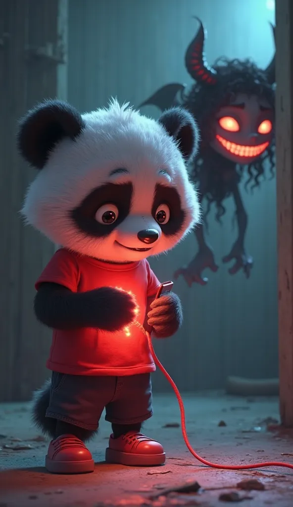 "A 3D animated scene featuring a  cartoon panda with realistic fur, wearing a red t-shirt, black shorts, and red shoes, nervously plugging in a strange glowing charger into his phone. His paws shake slightly, and his wide eyes show hesitation. The charger ...