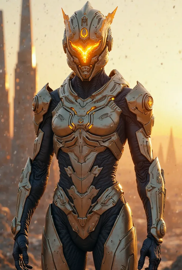 : A futuristic armor that absorbs light, composed of an extraterrestrial alloy that allows him to channel his energy. His helmet has a golden visor in the shape of a solar flame.