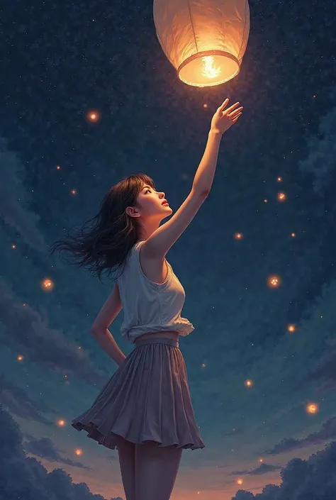 A beautiful girl in an ultra-short knee-length pleated skirt is dropping a lantern high into the sky with a dark sky, so her eyes sparkle