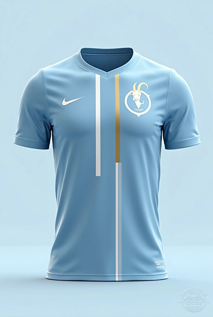 design a soccer kit for a team called Cabras FC (colors to use sky blue,white,dorado) Generate a uniform that represents goats clean elegant design show the front and back design