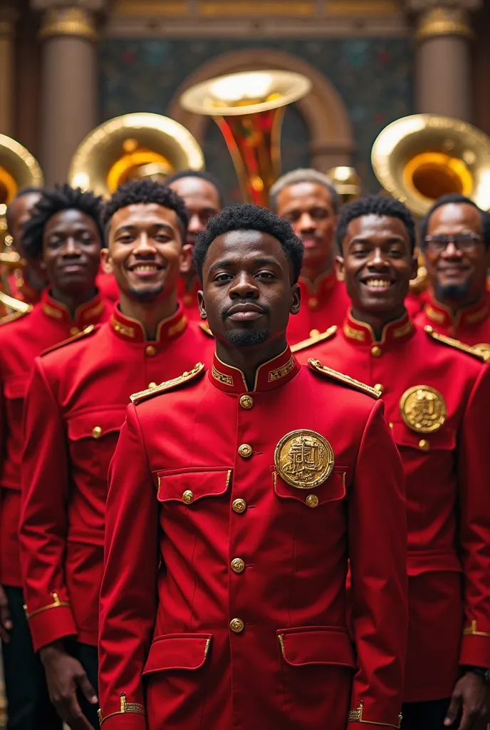 group photo of brass band in red uniform with  fanilal brass band logo