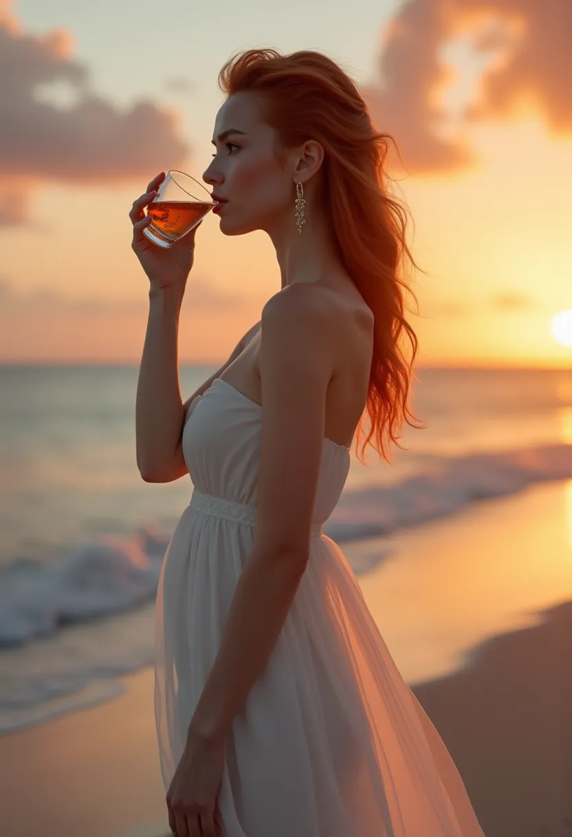 view from the side, beautiful 35-year-old woman with Nordic features, redhead with hair up and gold earrings, wearing white transparent chiffon strapless dress fluttering in the wind, drinking an infusion in a glass cup on the shore of the beach at dawn wi...