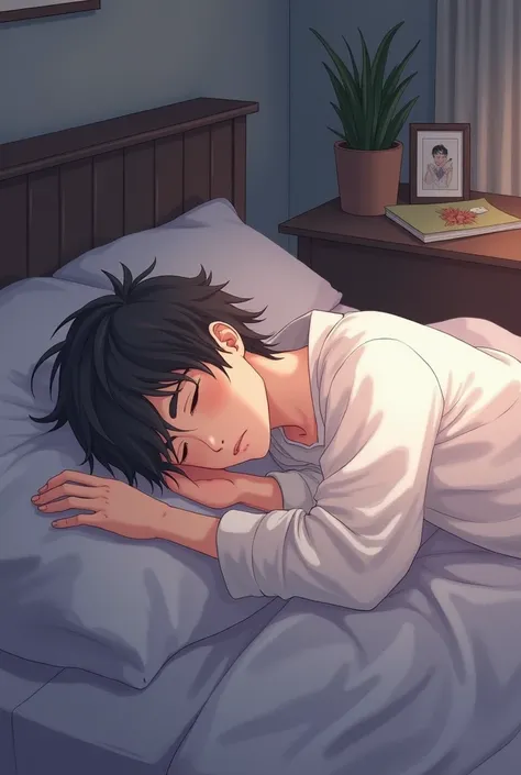 Take an anime-style picture of a sleeping guy and let it be a test: love is desire to see you when I wake up

