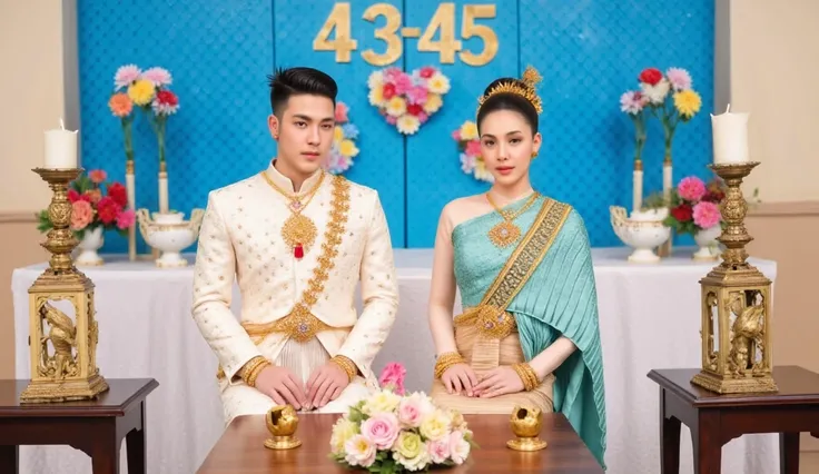 Photo of a Thai couple at a wedding. The groom is a young man with short black hair, wearing a white Thai dress decorated with intricate gold embroidery and red floral patterns. The bride is a petite woman with dark hair tied up in a high ponytail, wearing...