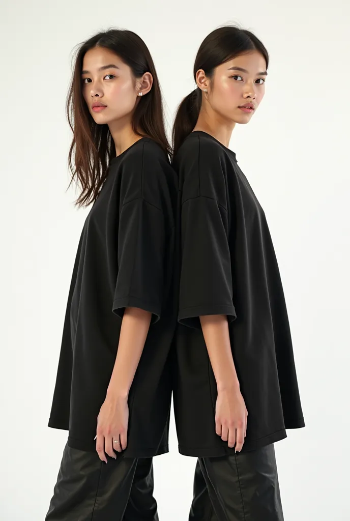  two girls in black oversized t-shirts, stand stylish to each other, in half a turn, On a white background