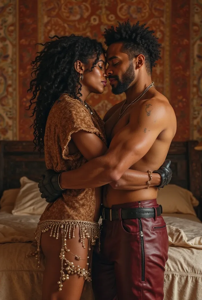 Gay Man in a pearl thong And an african skinny man in a brown shinny disco shirt and maroon zipper leather pants leather gloves and leather boots. gay kissing. On a bed