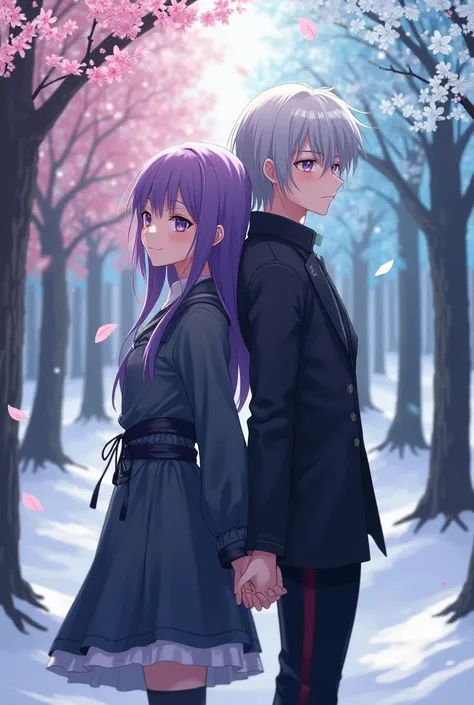 Two seasons in one photo, a purple haired woman in the middle of spring and a silver haired man in the middle of winter, anime, stylish clothing, forest, fantasy, back to back, holding hands, facing the camera