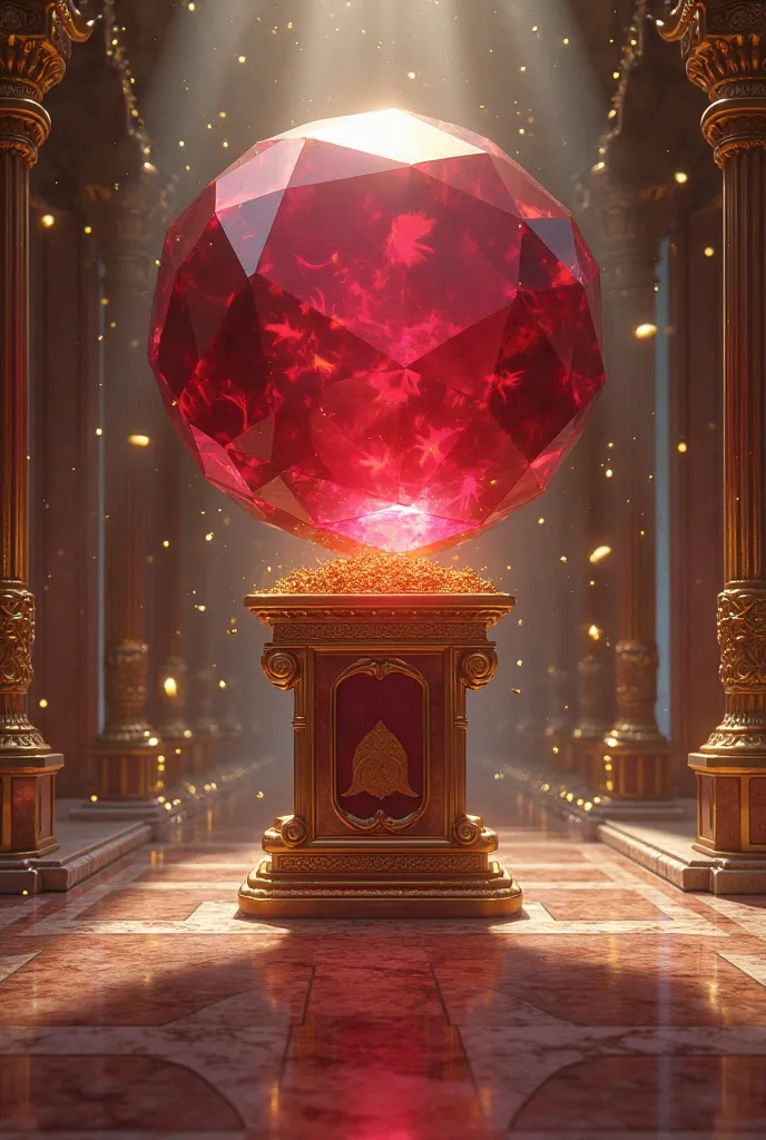 In the heart of a world where gold and silver treasures rain down, a large ruby is displayed on a pedestal.