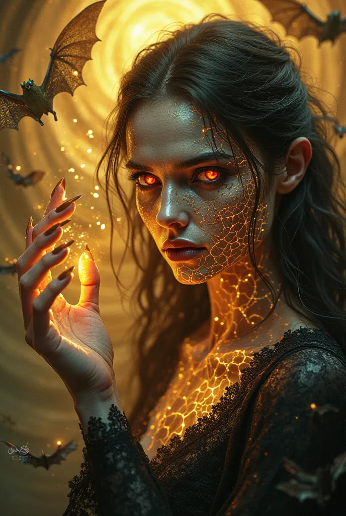 A vampiric sorceress, her face fragmented like stained glass, radiating golden light. She raises a hand, summoning spectral bats while her piercing red eyes hypnotize.