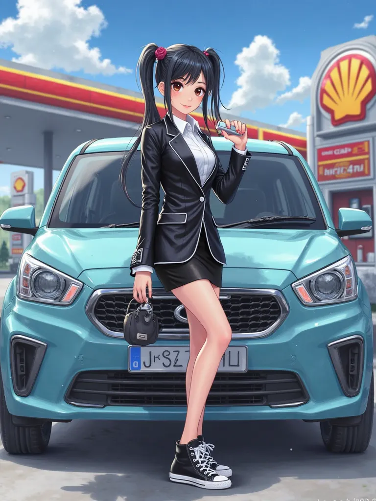   Japanese、     black hair、   twin tail on leg  、smile、  big eyes、  I'm wearing a shiny black leather suit、  white shirt、 Thailand、  black skirt 、 黒いThailandツ 、   shiny black high top sneakers、I have the keys、   gas station 、Light blue sedan、3d