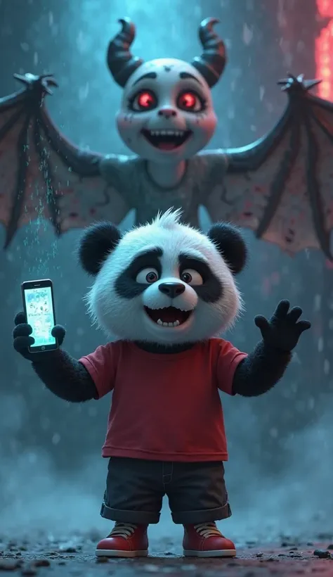 A high-quality 3D animated horror scene featuring a terrified  cartoon panda with soft, realistic fur, dressed in a red t-shirt, black shorts, and red shoes. The panda stands with his paws outstretched, desperately trying to grab his phone, which is myster...