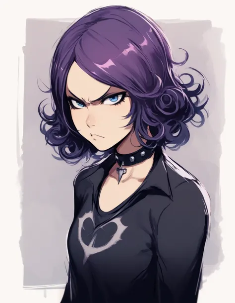 1girl, amy spiegel, prison school, safe, solo, skinny nerd, androgynous goth, emo fashion, standing, medium shot, blue eyes, purple hair, curly hair, angry expression, year 2018, masterpiece, high score, great score, absurdres