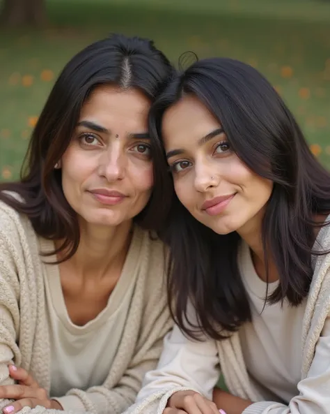 A close-up image of two  pakistani women. older woman is looking away from camera amd her face is hidden from camera, likely to be in her fifties, with dark brown hair, is gently resting her forehead on the head of a younger women who is in her mid thirtie...