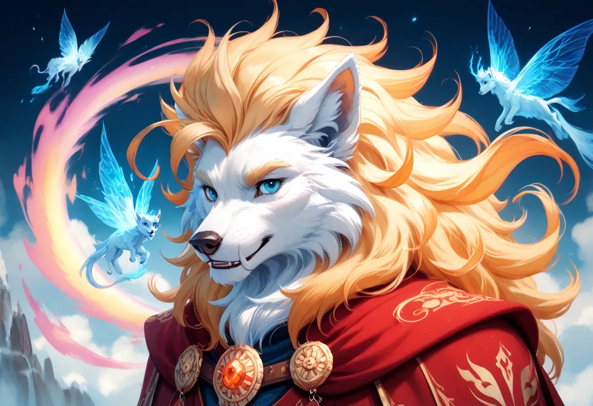 painting of a white wolf with blue eyes and a long tail,  furry fantasy art , Mythical creatures, a Mythical creatures, very very beautiful  furry art, Fluffy rainbow-colored dragons ,  furry art, King of Beasts, Perfect Harmony with Nature, Mythical creat...