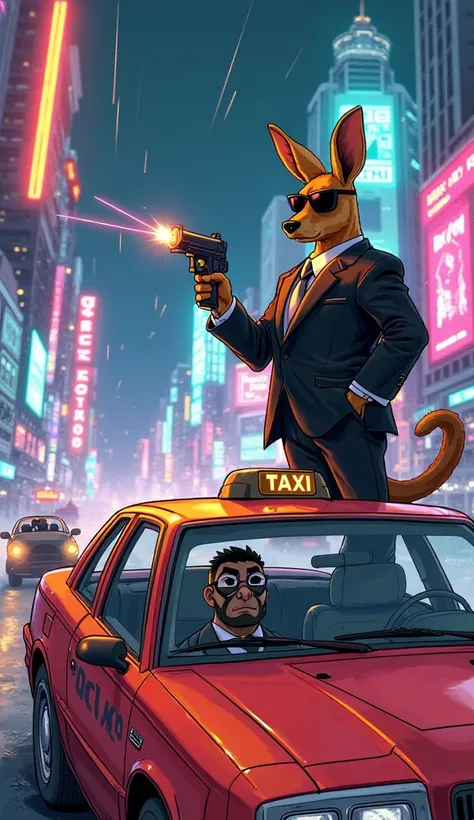 A cartoon-style illustration of the tough kangaroo in a black suit and sunglasses, standing on the hood of Roberto's bright red taxi, laser pistol aimed at the fleeing motorcycle. The futuristic floating city looms in the background, glowing with neon ligh...