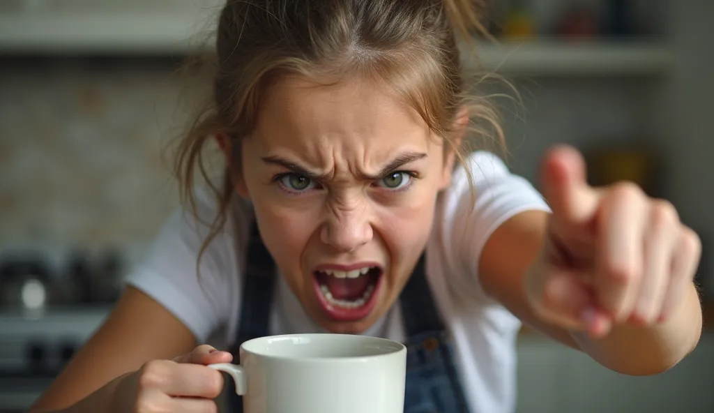 A  girl with an intense and fierce expression stares directly into the camera. Her eyebrows are furrowed, and her mouth is open mid-shout, as if she is angrily scolding or making a passionate argument. One hand grips a mug tightly, while the other is point...