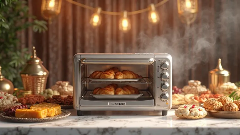 portable oven standing in a white marble table with the surounding table filled with eid mubarak food and snacks
