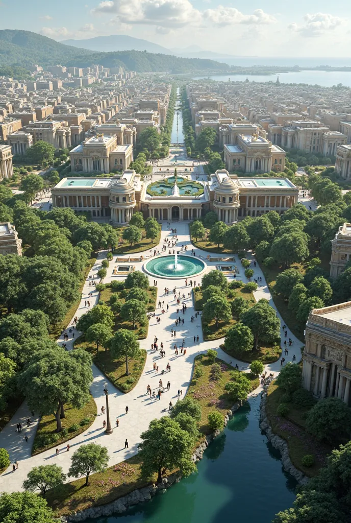 create the ideal city with modern Roman architecture and greenery parked by the 