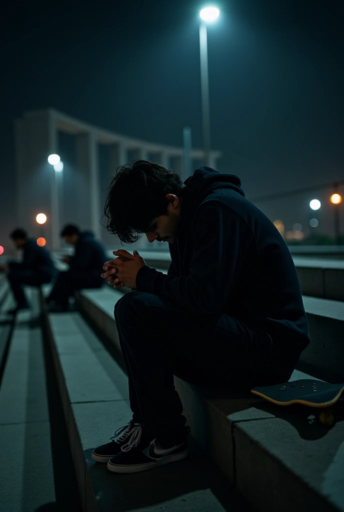 "A young man in a dark hoodie sits hunched over on concrete steps at night, his head lowered, hands clasped together, exuding a sense of loneliness and contemplation. A skateboard lies beneath him, partially visible. The background is dimly lit, featuring ...