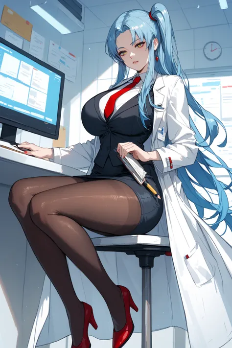 best quality, masterpiece, extremely detailed, highres, 1girl, solo, amazing quality, AngelaLC, long hair, side ponytail, blue hair, yellow eyes, red necktie, black pencil skirt, labcoat, black vest, white shirt, black pantyhose, red shoes, huge breasts,