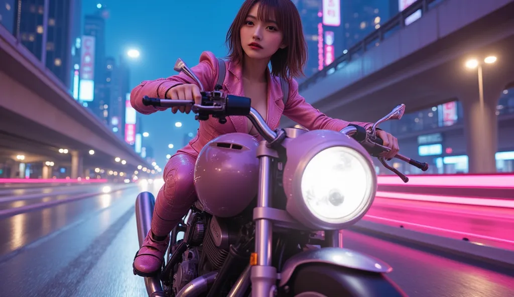 ((masterpiece)), (( Top Quality :1.4)), ( very detailed :1,4) ,  movie light,  charming beauty、Female Spy、 Pink LED Cyber Armor、  Midnight Highway  、Escape by motorbike  、 Futuristic Motorcycle、Run away while fighting enemies with handguns、