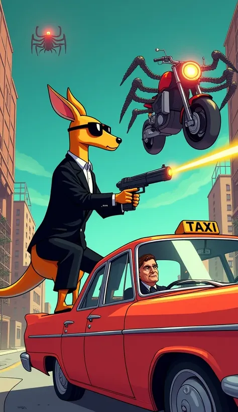 A cartoon-style illustration of a tough kangaroo in a black suit and sunglasses, standing on the hood of Roberto's bright red taxi, his laser pistol aimed at the rapidly fleeing motorcycle with mechanical spider legs. The futuristic floating city surrounds...