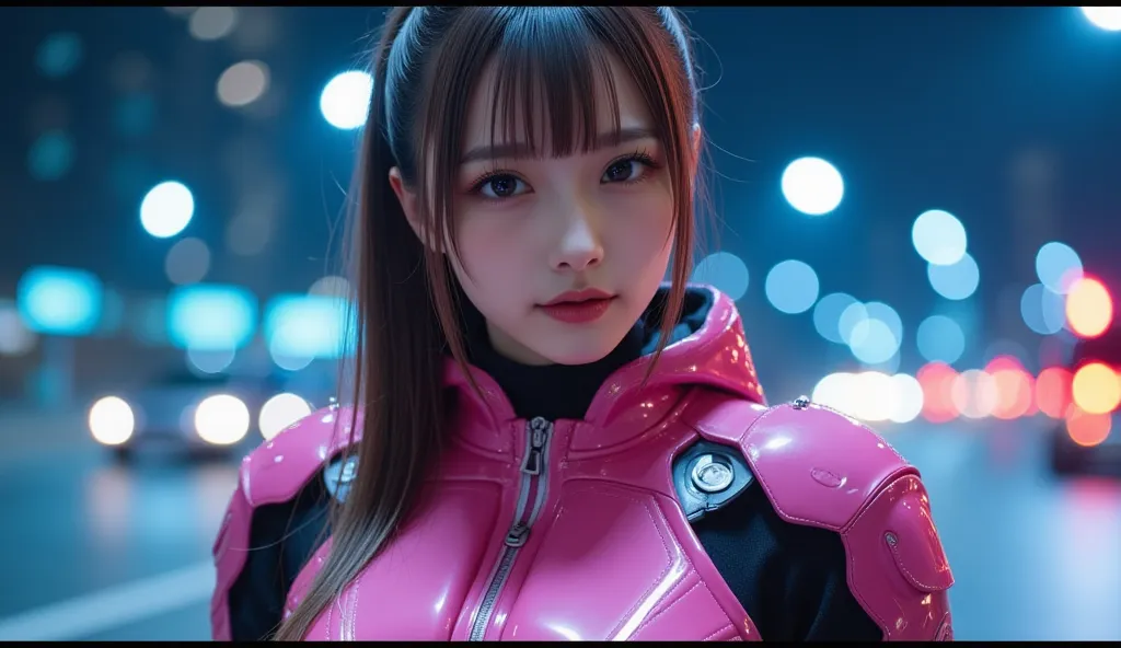 ((Masterpiece)), (( top quality :1.4)), ( very detailed :1,4)), movie lights, attractive beauty, female spy, pink LED cyber armor, highway in the middle of the night , escape by motorcycle , futuristic design motorcycle, escape while fighting enemies with ...