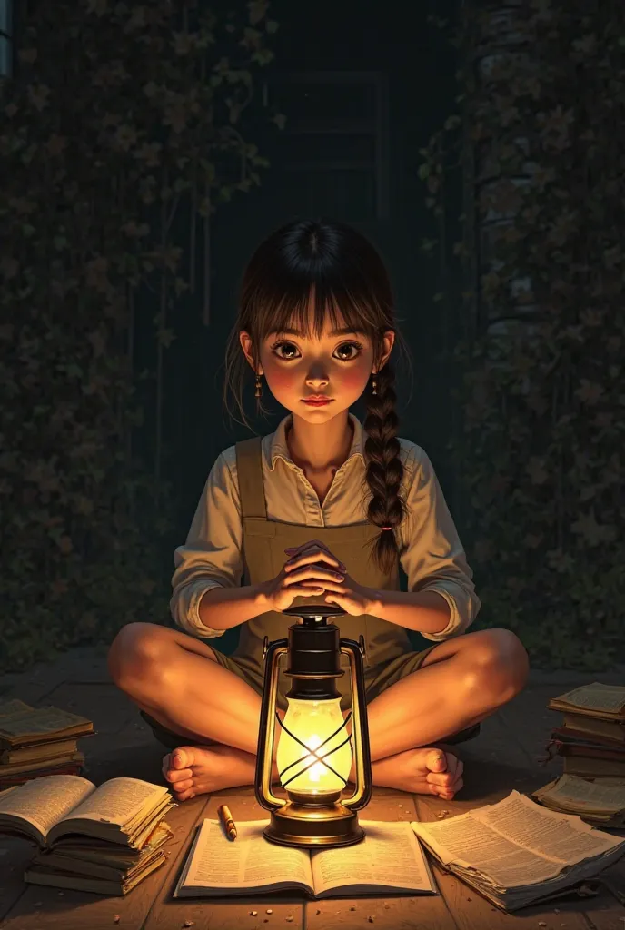 Neha Studying at Night: A age girl sitting on the floor, wearing simple but clean clothes, surrounded by books, studying under the dim light of a lantern. Her eyes reflect determination and dreams.