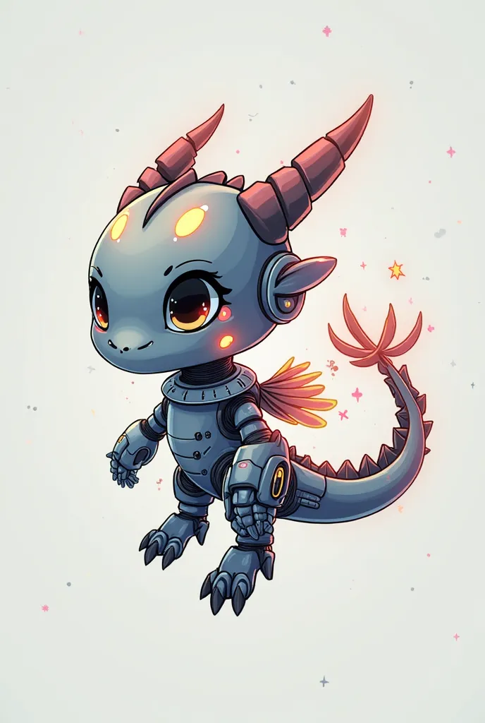 Create a highly detailed and stylized illustration of Ako, a small and adorable robotic dragon. Ako has a sleek, futuristic design with metallic and glowing elements, blending a cute and high-tech aesthetic. His expressive eyes give him a curious and intel...