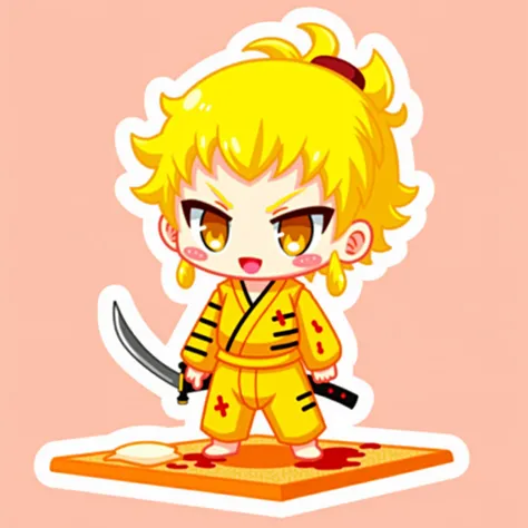 Kawaii, Chibi anime-style character, inspired by Kill Bill, wearing a yellow jumpsuit with black stripes, holding a mini katana, fierce but cute expression, golden hair in a small ponytail, blood splashes on outfit, standing on a tiny tatami mat, bold whit...