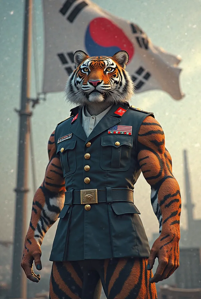 a menacing tiger with a man body wearing soldier uniform representing korea with a korean flag in a pole in the background