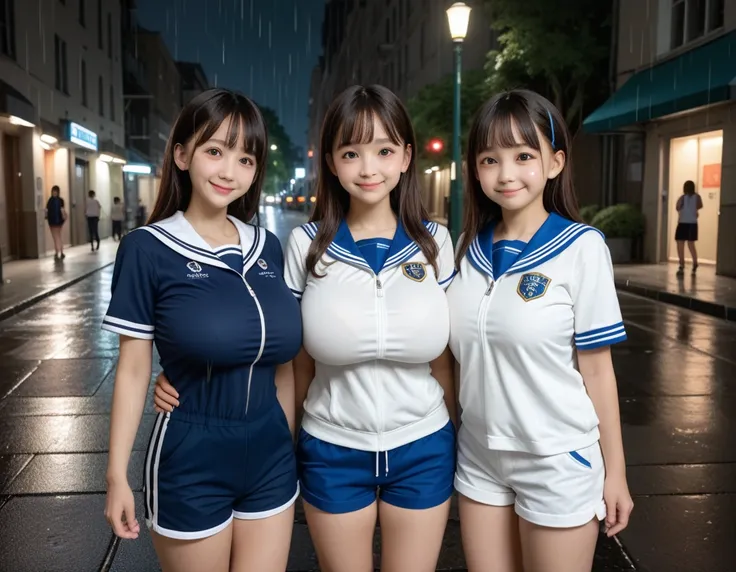 (three toddler girls:1.3), (oppai loli:1.3), (huge breasts:1.5), shorts, standing, skinny, cute uniform, japanese, smug, night, rain, park alley, BREAK (detailed face and eyes:1.3), score_9, score_8_up, score_7_up, realistic, photo, (cute:1.2),