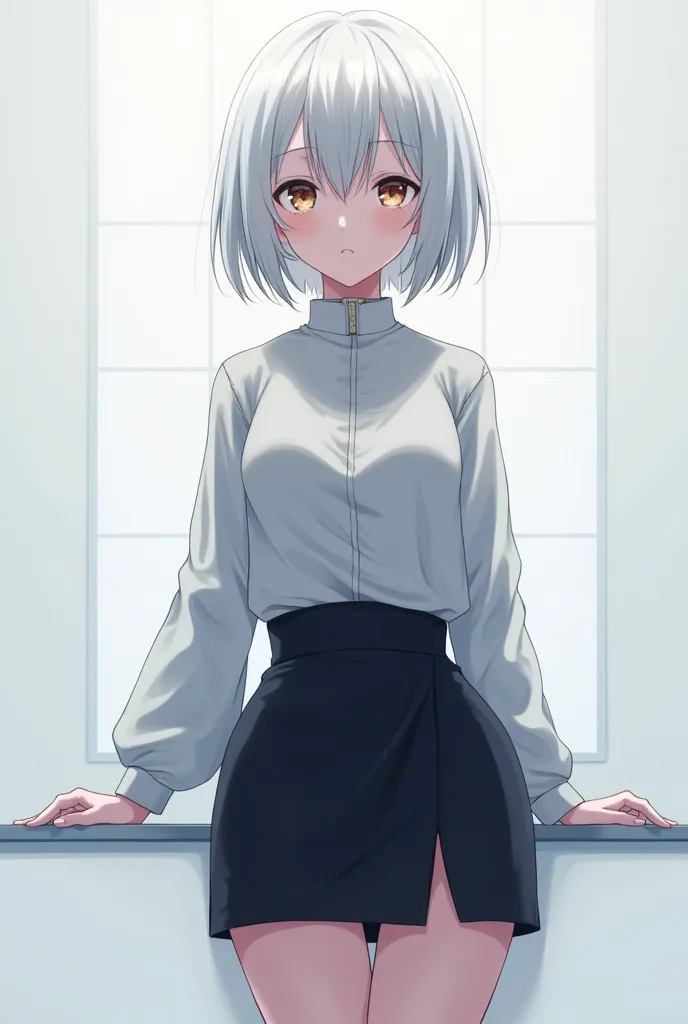 A woman with a bob short
anime character
miniskirt
expressionless
white hair
long sleeve
Oshitoyaka