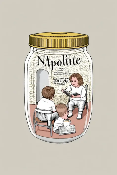 I want 3 little humans wearing a white shirt with the name Napolitano in black and white pants, one opens the cover, the second plays sports, the third reads a book, sits on the product and drinks hot water in a white cup