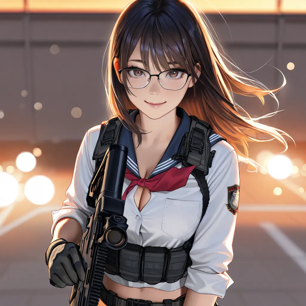 Quality: very awa, masterpiece, best quality, newest, highres, absurdres.
Category: Realistic Schoolgirl with Firearms + Uniform Focus + Tactical + Subtle Sexy + Glasses Must
Summary: High school girl, glasses, sailor uniform, tactical vest, armed, subtly ...