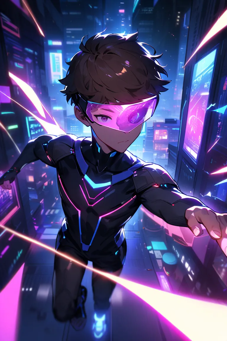 "A young boy in his dimly lit bedroom, reaching out towards his futuristic self who is emerging from a glowing cyber portal. The younger version has short, slightly messy brown hair, wearing a simple t-shirt and shorts, his face showing awe and determinati...