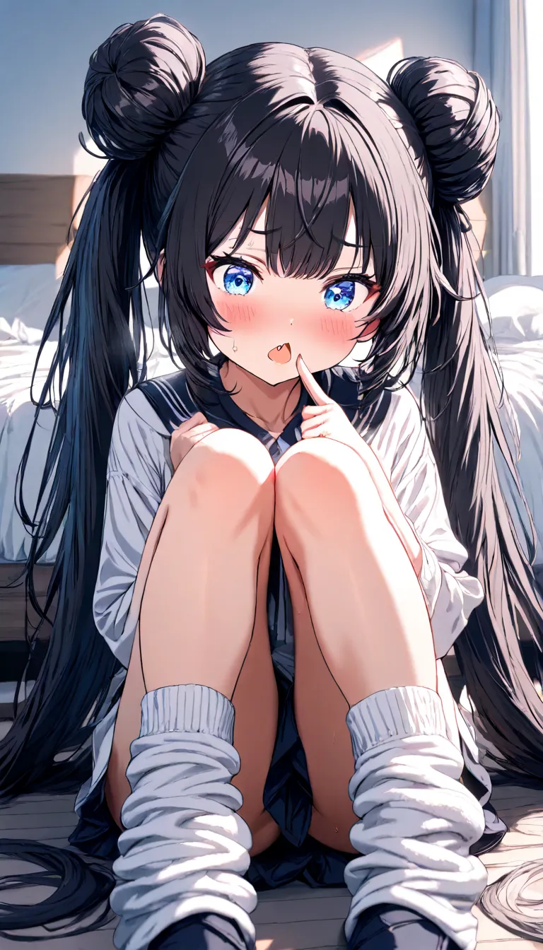  BREAK, 1girl, rosa, (double bun, super long twintails, black hair), BREAK, blue eyes, (fang), beautiful detailed eyes, BREAK, loose socks, right finger to mouth, knees up, bed room, BREAK, Best Quality, Super detailed, masterpiece, Ultra-high resolution, ...