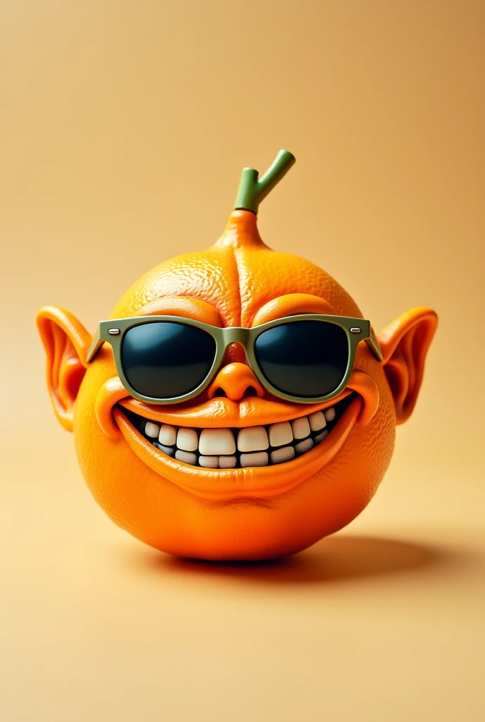 a natural orange with facial textures with a troll smile and wearing the famous thug life glasses 