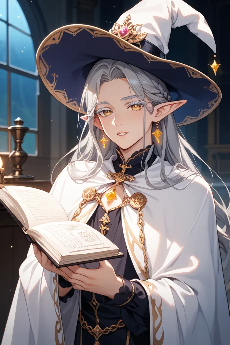 white cloak with white witch hat、Gray Hair、I'm masturbating with white lashes 、golden eyes、male、Elf